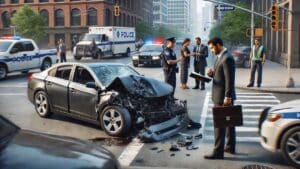 A lawyer reviewing legal documents with a concerned driver after a car accident on a busy city street, with one damaged vehicle in the background. The image reflects the need for legal assistance in accidents involving uninsured drivers.