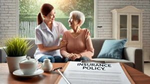 A carer helping an elderly person in a comfortable home setting, with a visible insurance policy document on a nearby table, symbolizing the importance of carers insurance.