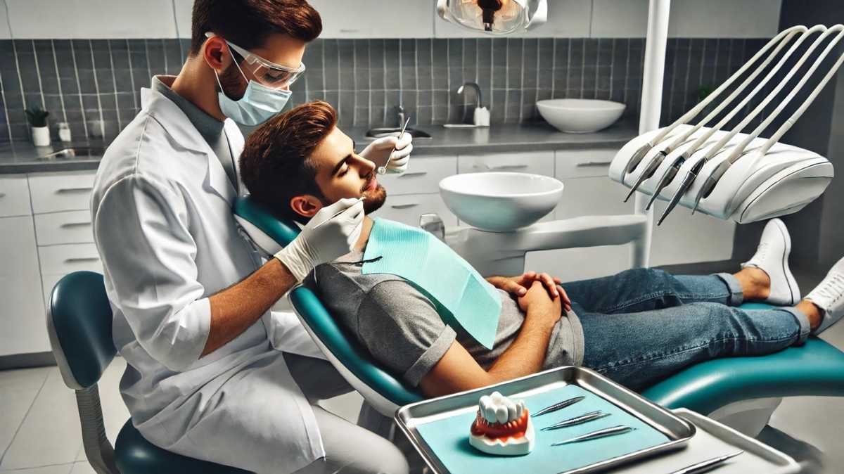 A dentist preparing to apply a dental crown on a patient in a modern, well-lit office, with dental tools and crown materials on a tray, highlighting the process of crown placement.