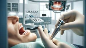 A realistic image of a dental implant procedure in progress, showing a dentist holding a titanium implant post, preparing to insert it into the patient's jawbone in a professional clinic setting.