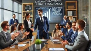 Business owner shaking hands with an attorney in a modern office while discussing Employment Practices Liability Insurance. Diverse team collaborates in the background, with a chart highlighting 'Legal Protection' on a screen, representing the importance of EPLI coverage.