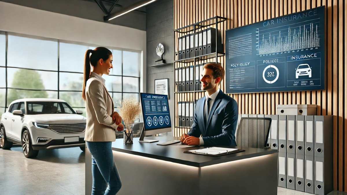 Insurance agent consulting with a client about how to start a car insurance business, in a modern office setting with paperwork, a computer, and insurance metrics displayed in the background.