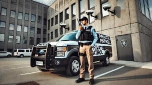 A private patrol operator in uniform standing next to a marked security vehicle while communicating through a walkie-talkie in front of a commercial building with surveillance cameras. The scene represents professionalism and safety measures essential for private patrol services.