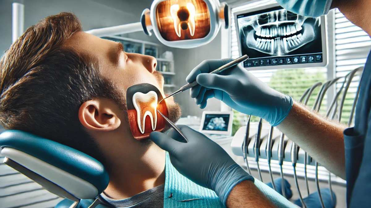 A dentist performing a root canal procedure on a patient's molar in a modern dental clinic, using specialized tools.