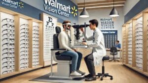 A customer receiving an eye exam at a modern Walmart Vision Center, assisted by a professional optometrist with eyeglass frames displayed in the background.