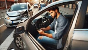 A stressed driver sitting in a car after a minor accident, holding a phone and contemplating calling their insurance company.